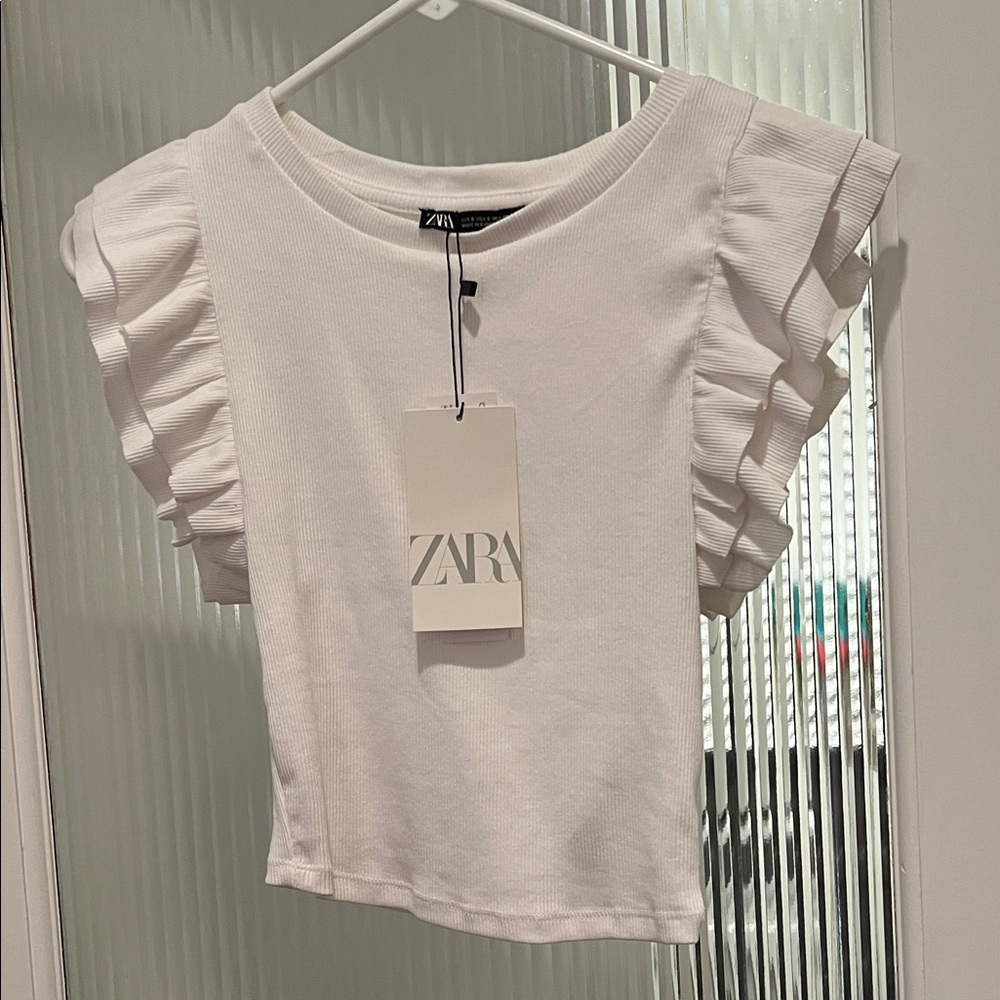 Zara Cropped White Ruffle Sleeve Ribbed Top ~ small NWT - Picture 3 of 4